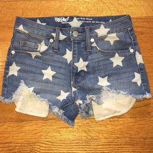 Star printed denim high rise shorts